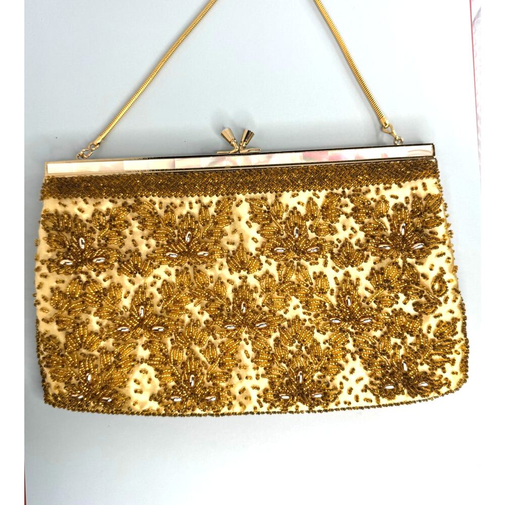 Vintage Gold Beaded Evening Bag w/Mother of Pearl Inlay - Bags By Debbie HK